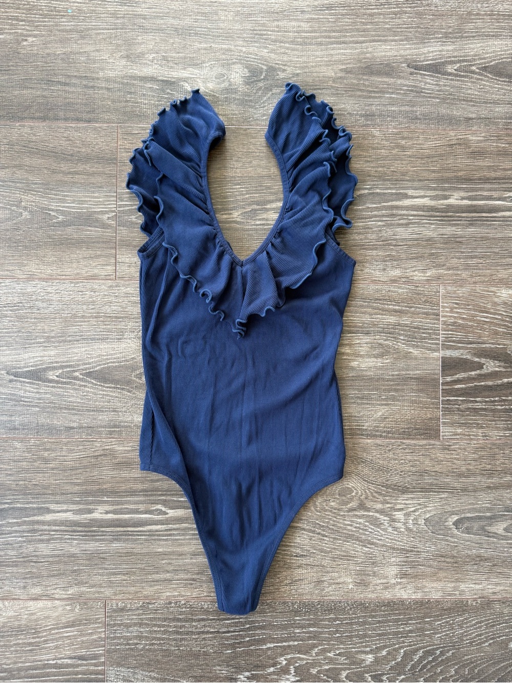 Aritzia Wilfred Navy Ruffle-Trim One-Piece Bodysuit